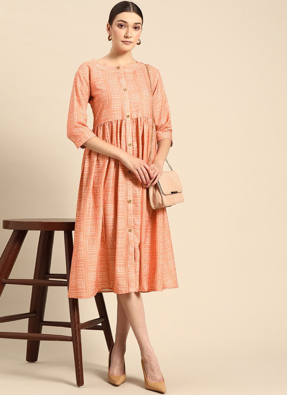 Party Wear Kurti Poly Rayon Peach Print Kurtis