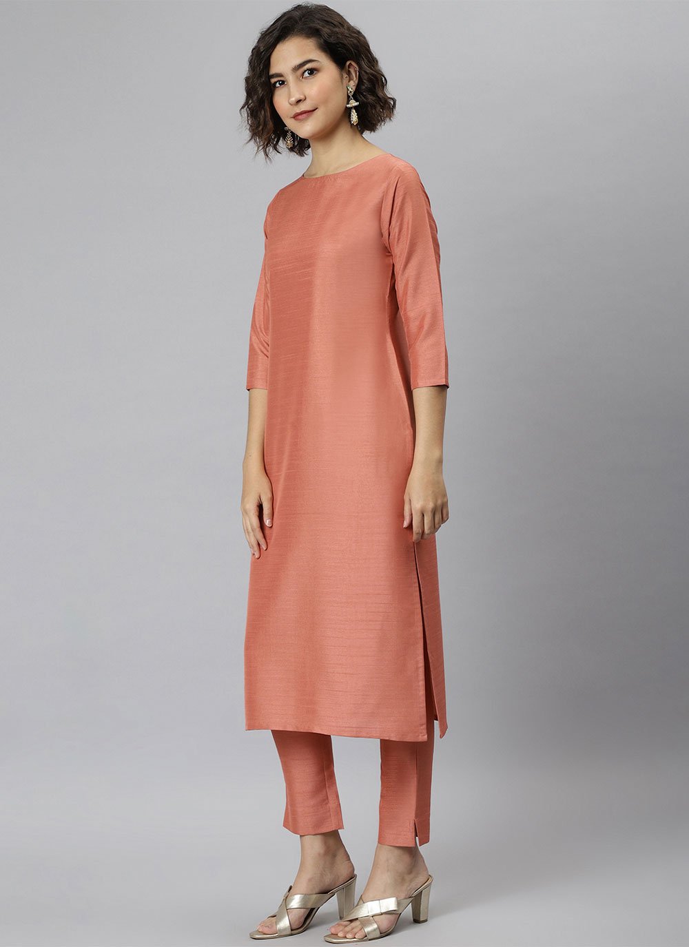 Salwar Suit Poly Silk Peach Plain Salwar Kameez