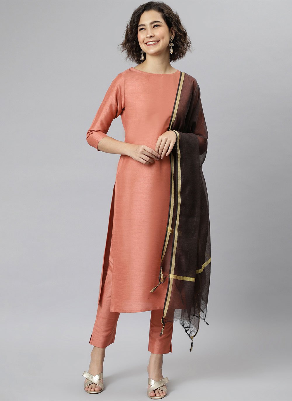 Salwar Suit Poly Silk Peach Plain Salwar Kameez