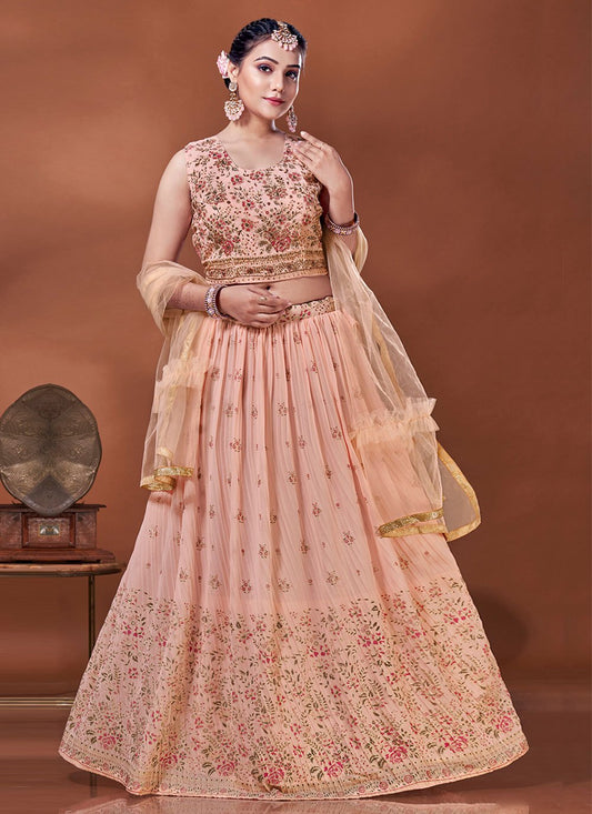 A Line Lehenga Georgette Viscose Peach Print Lehenga Choli