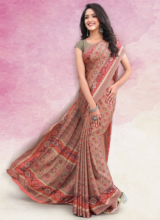 Classic Faux Crepe Peach Print Saree