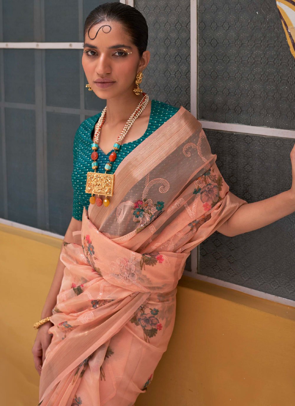 Classic Organza Peach Print Saree