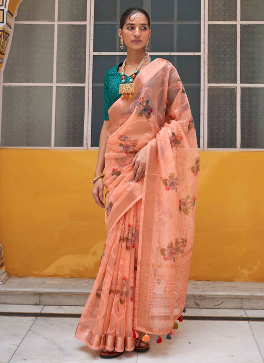 Classic Organza Peach Print Saree