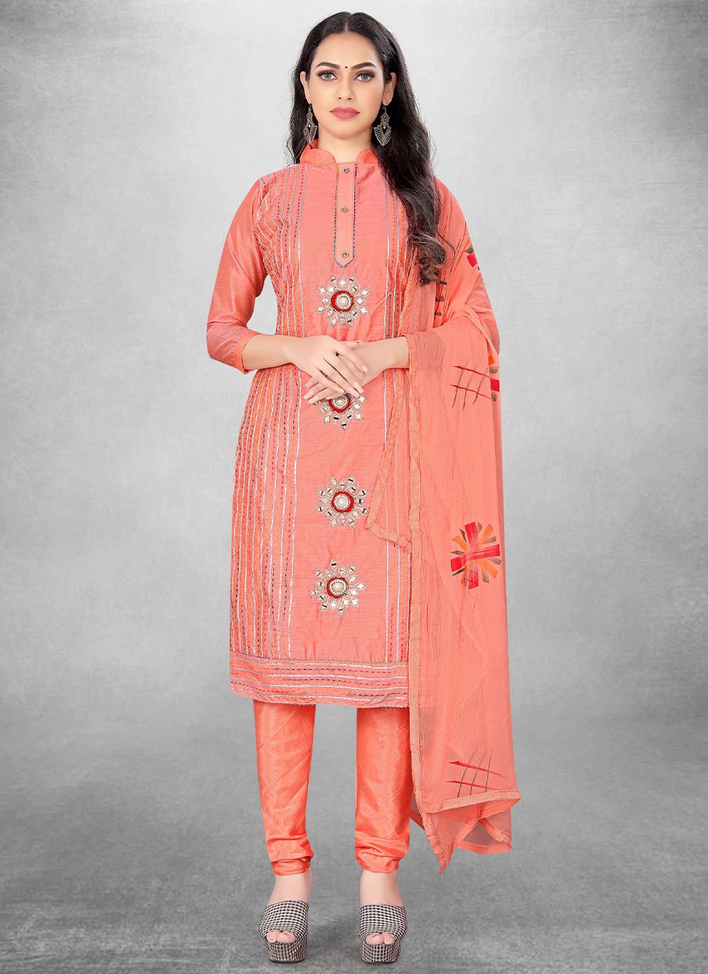 Straight Salwar Suit Cotton Peach Hand Work Salwar Kameez