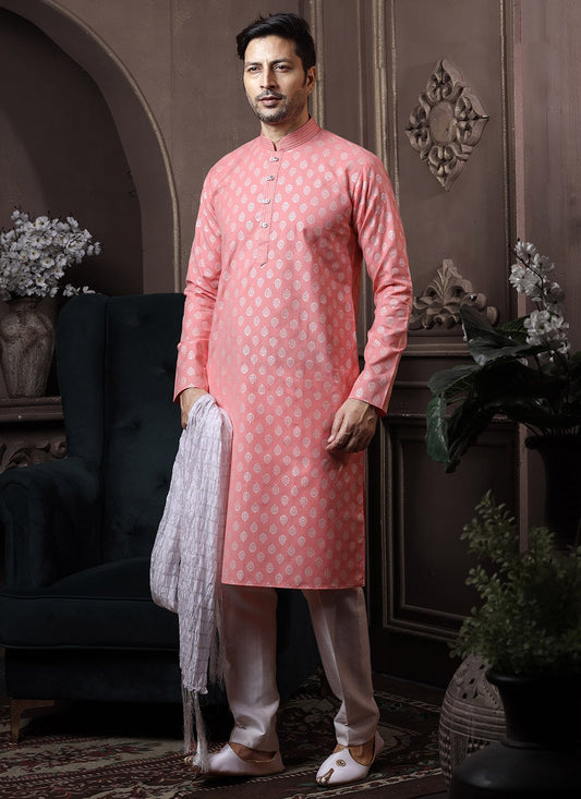 Kurta Pyjama Cotton Peach Print Mens