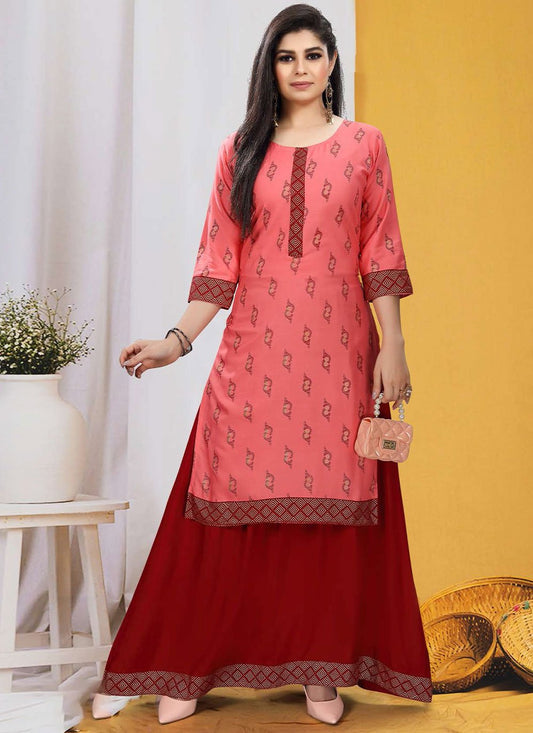 Party Wear Kurti Rayon Peach Print Kurtis