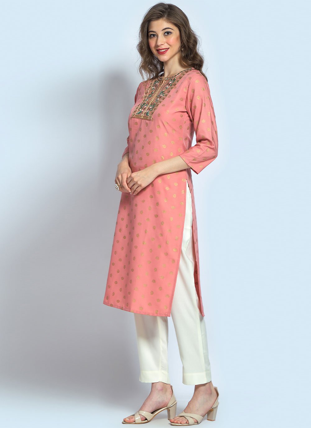 Casual Kurti Rayon Peach Embroidered Kurtis