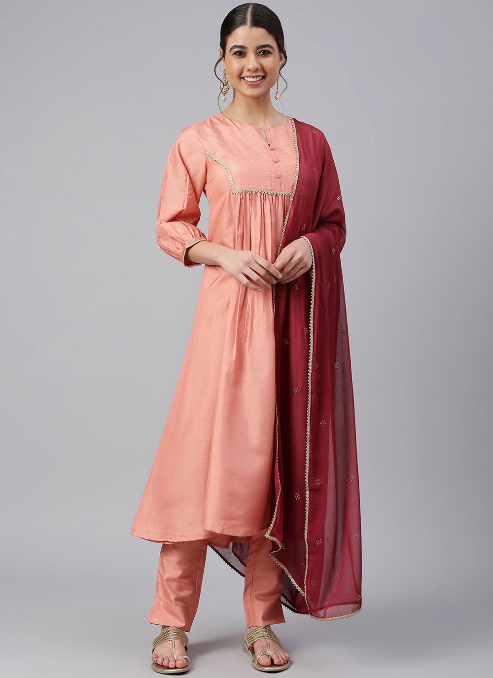 Salwar Suit Poly Silk Peach Sequins Salwar Kameez