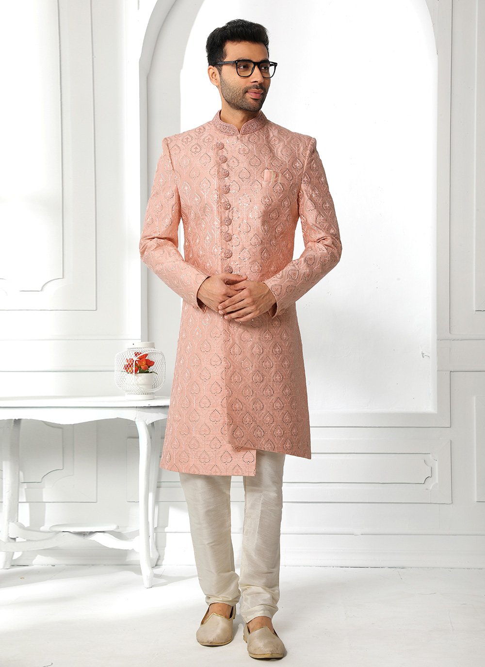 Sherwani Art Silk Peach Machine Embroidery Mens