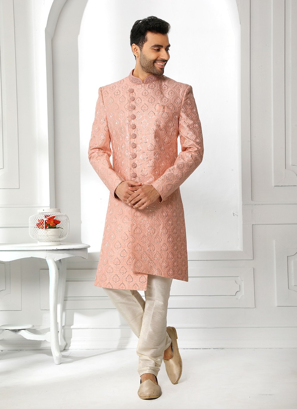 Sherwani Art Silk Peach Machine Embroidery Mens