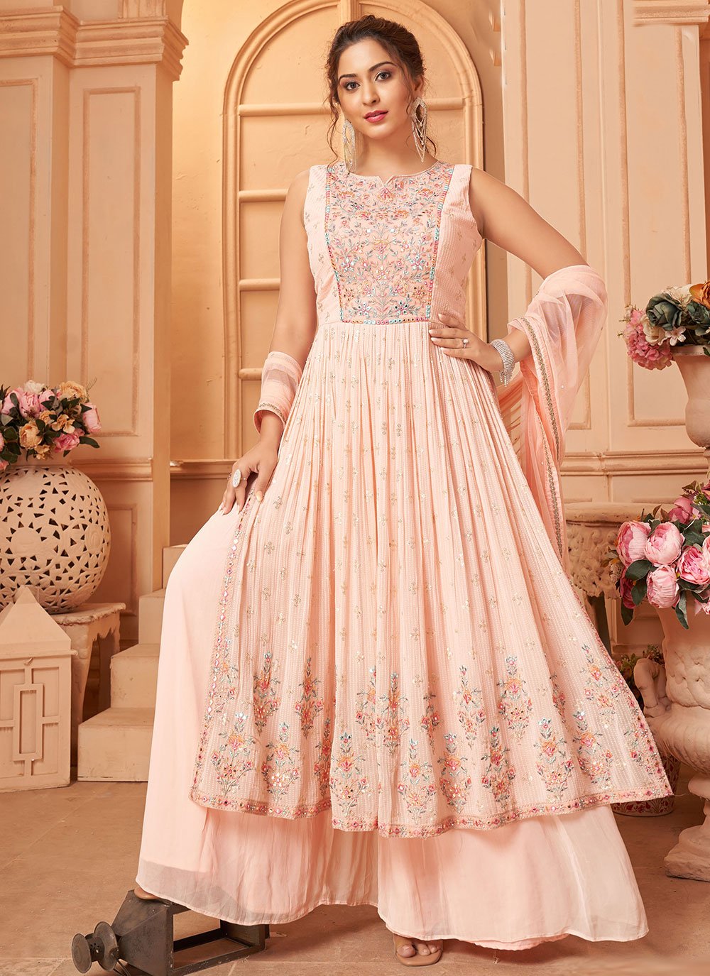 Salwar Suit Georgette Peach Embroidered Salwar Kameez