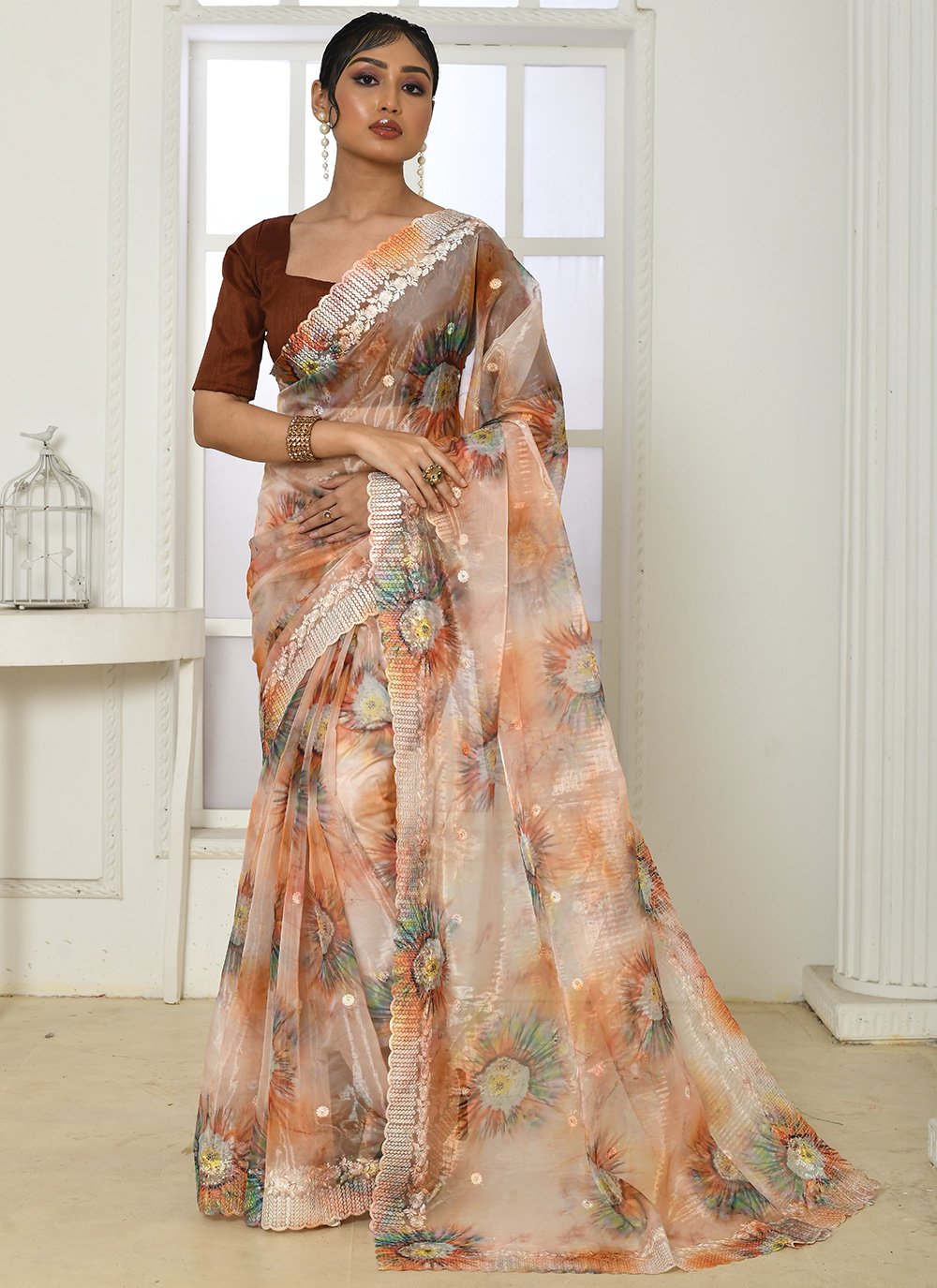 Classic Organza Silk Peach Embroidered Saree