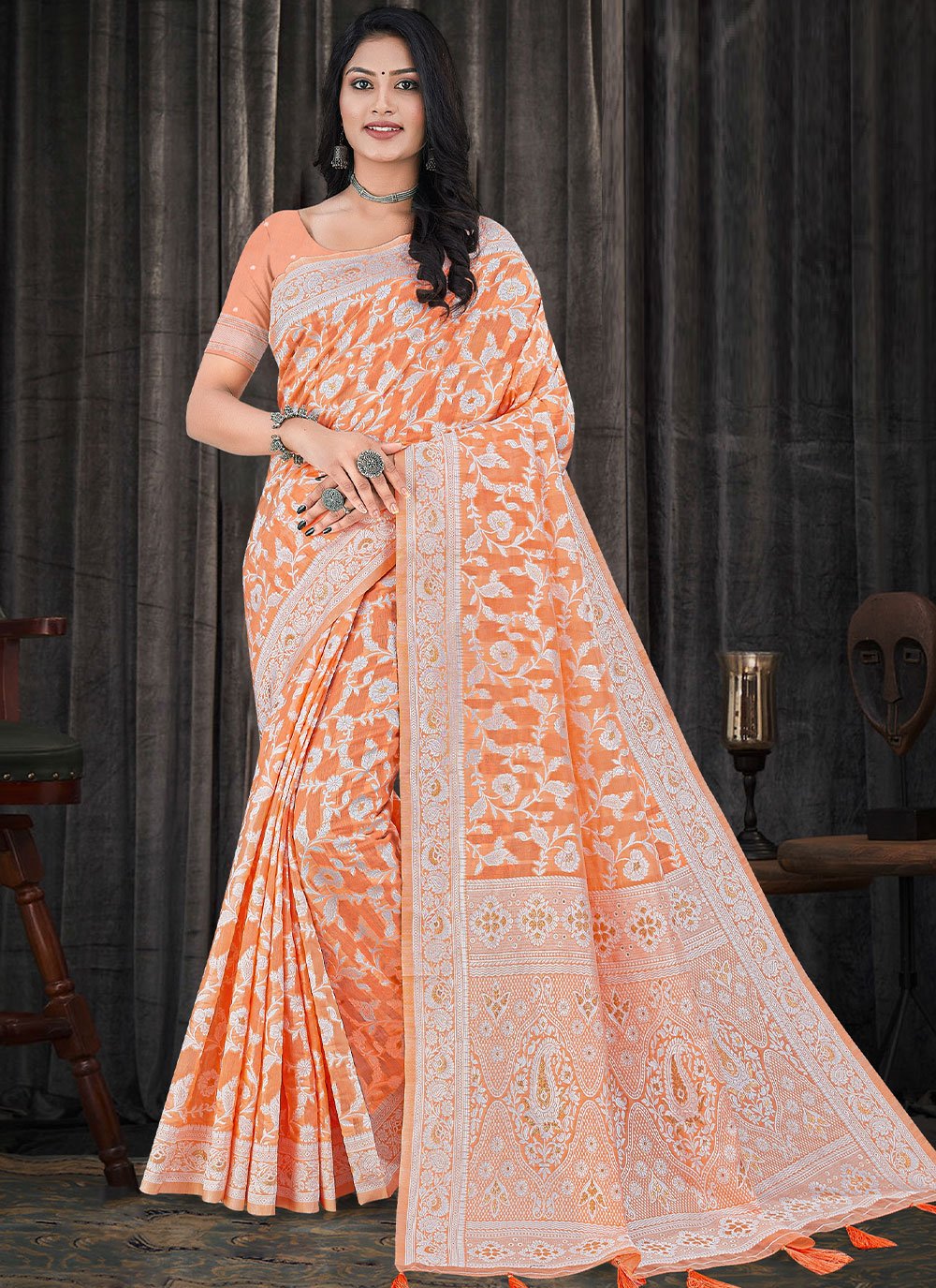 Contemporary Cotton Silk Peach Resham Saree