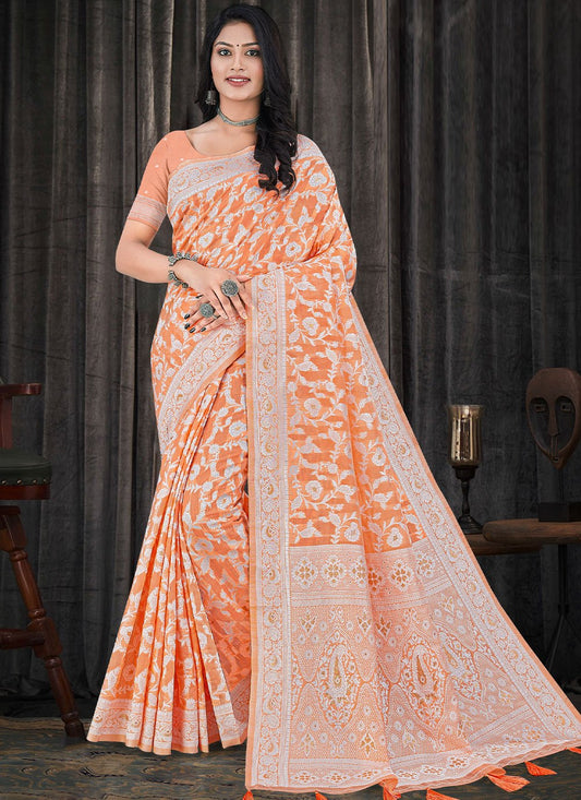 Contemporary Cotton Silk Peach Resham Saree