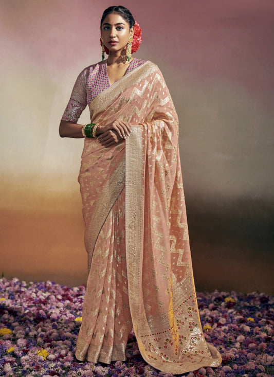 Contemporary Faux Georgette Peach Embroidered Saree