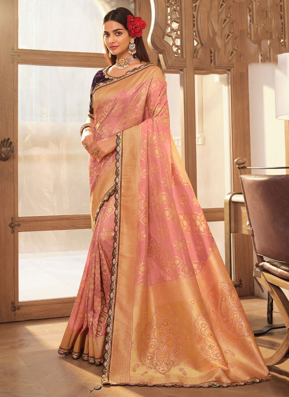 Classic Silk Peach Lace Saree