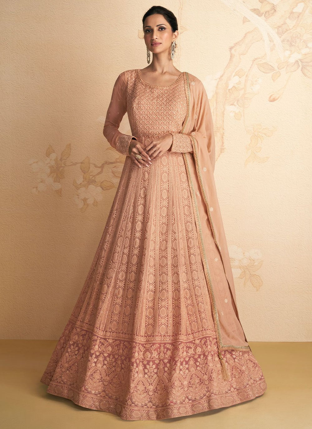 Designer Gown Georgette Peach Embroidered Gown