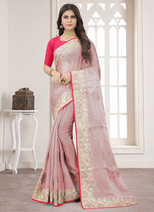 Trendy Saree Chiffon Organza Peach Embroidered Saree