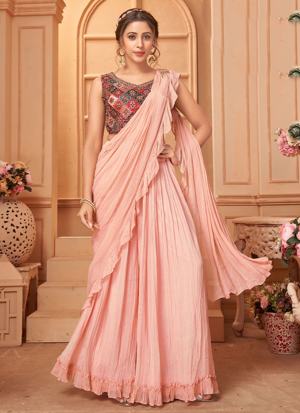 Salwar Suit Banarasi Silk Peach Embroidered Salwar Kameez