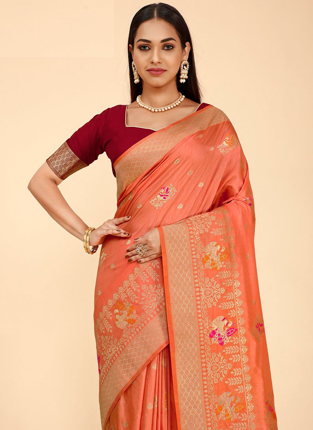 Classic Silk Peach Weaving Saree