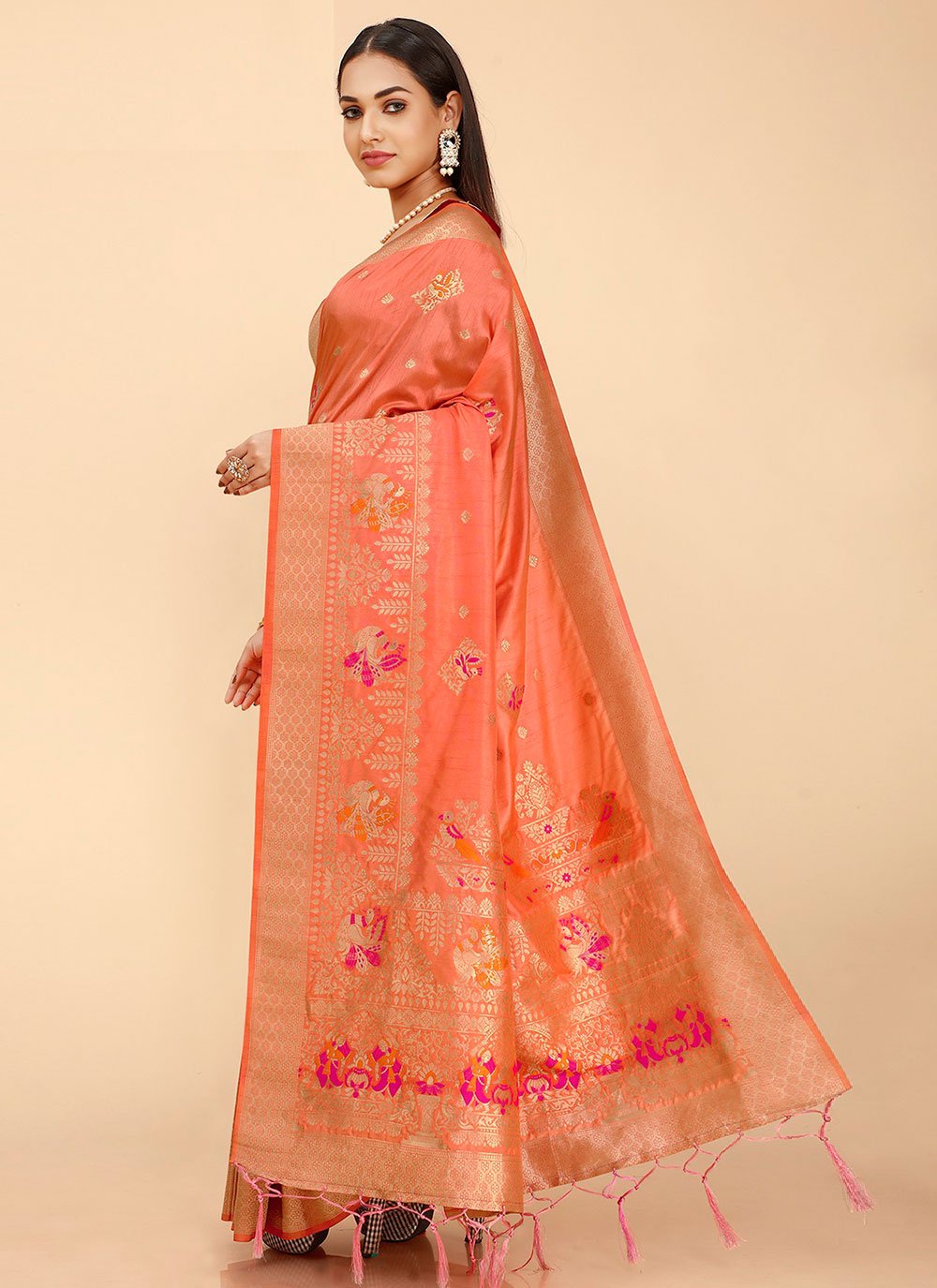 Classic Silk Peach Weaving Saree