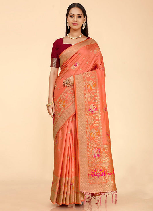 Classic Silk Peach Weaving Saree