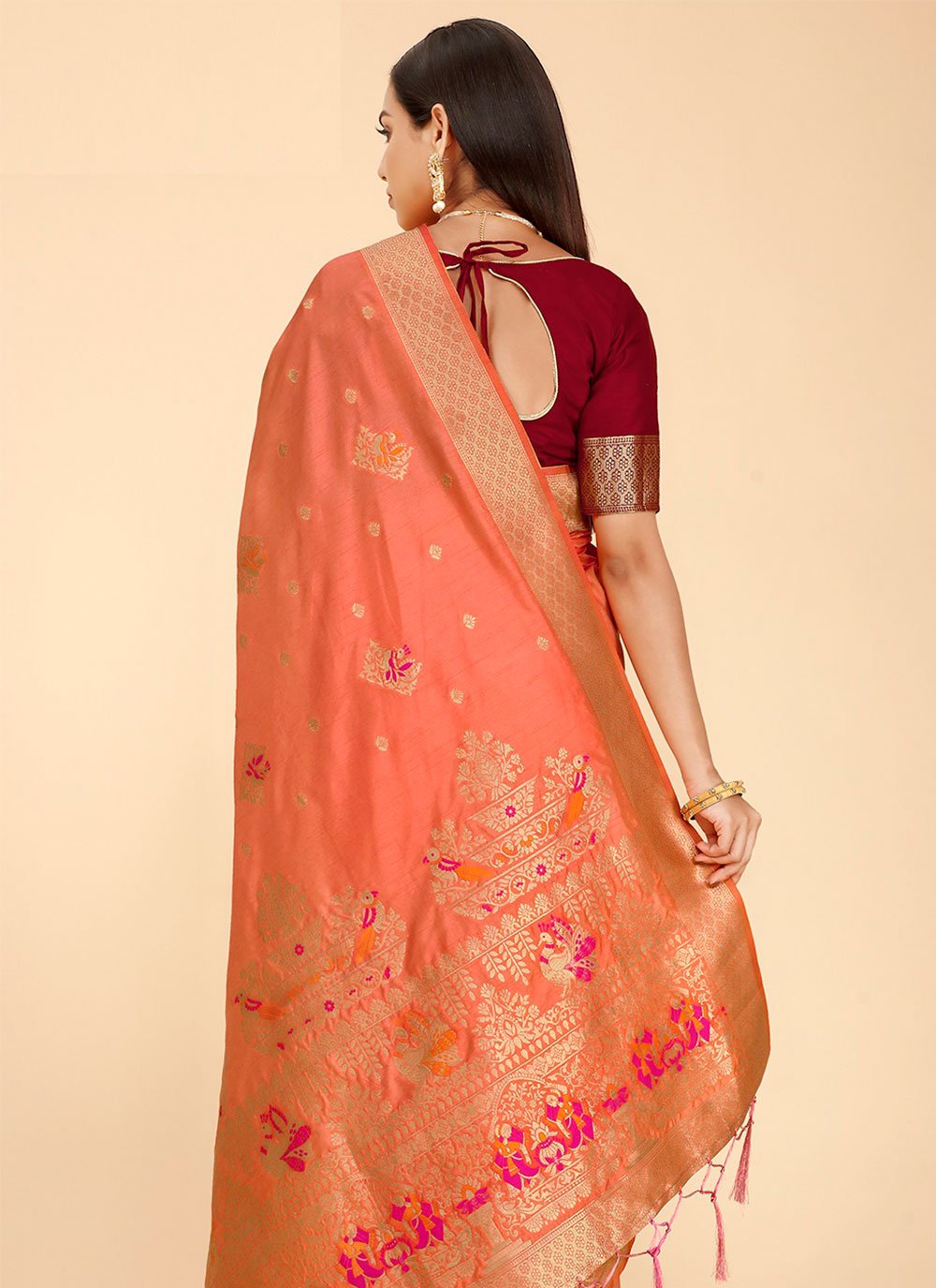 Classic Silk Peach Weaving Saree