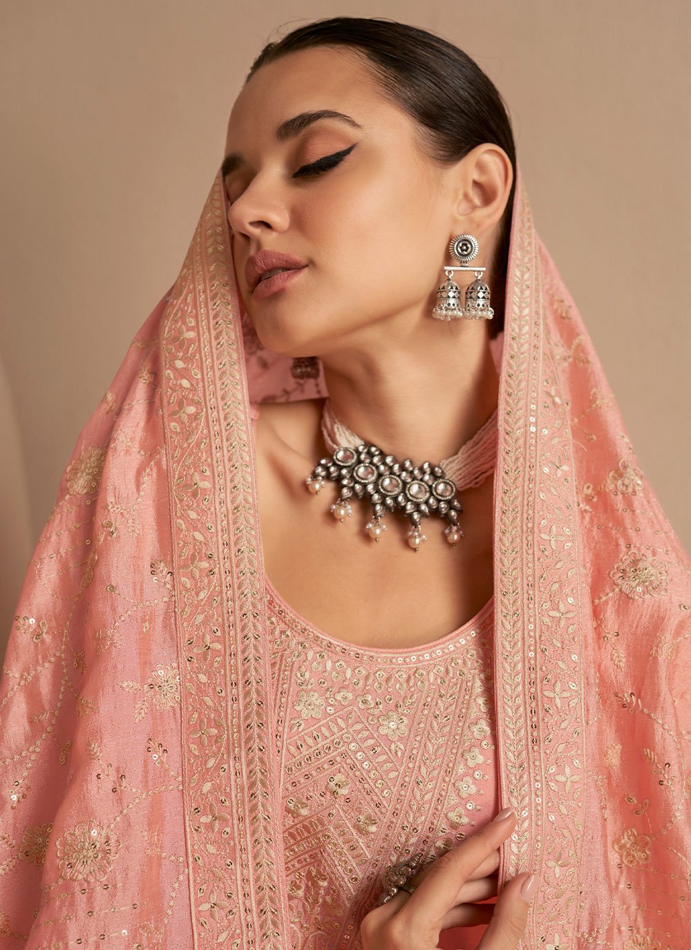 Straight Salwar Suit Silk Peach Embroidered Salwar Kameez