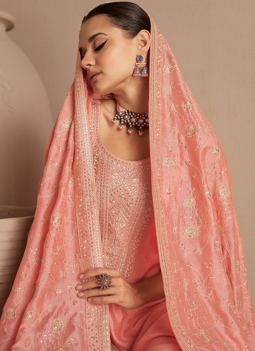 Straight Salwar Suit Silk Peach Embroidered Salwar Kameez