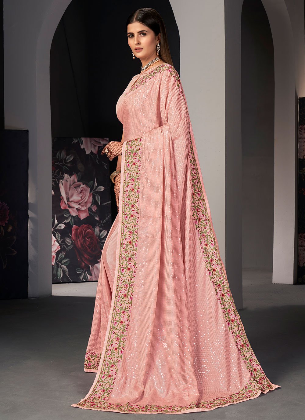 Trendy Saree Satin Silk Peach Embroidered Saree