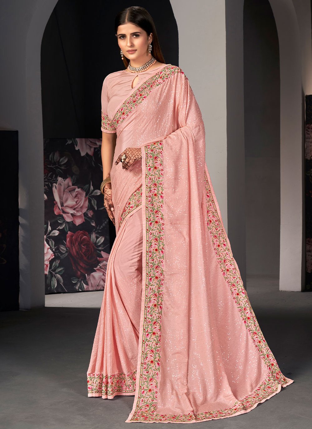 Trendy Saree Satin Silk Peach Embroidered Saree