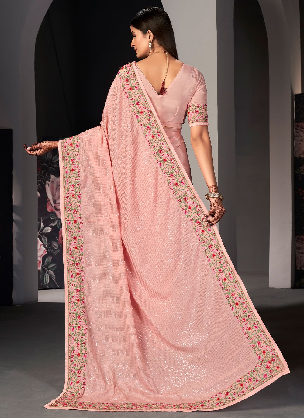 Trendy Saree Satin Silk Peach Embroidered Saree