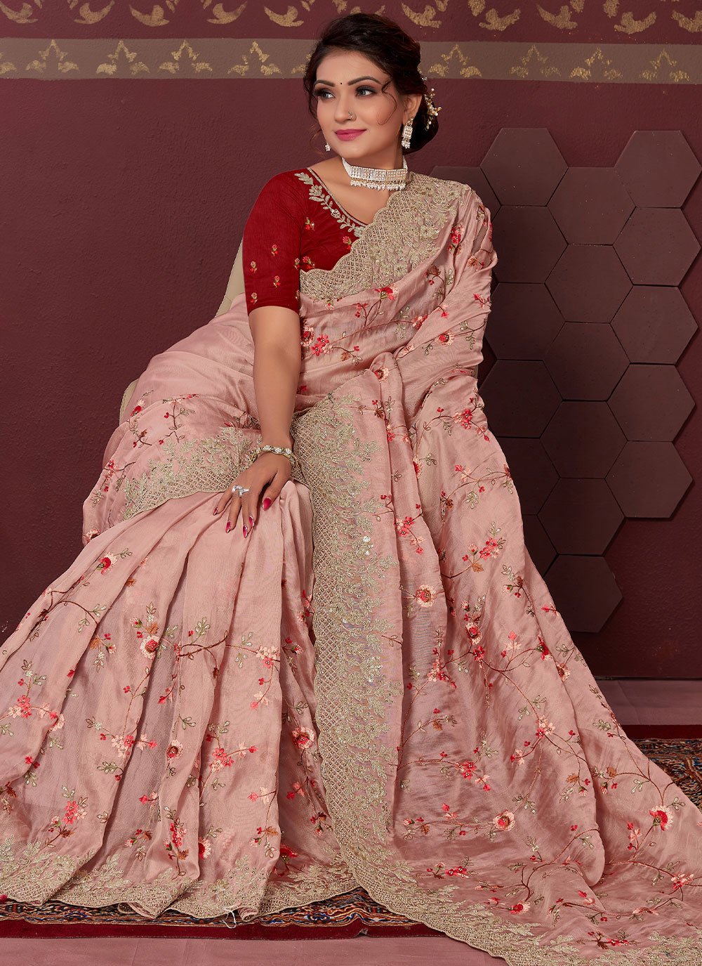 Classic Satin Silk Peach Embroidered Saree