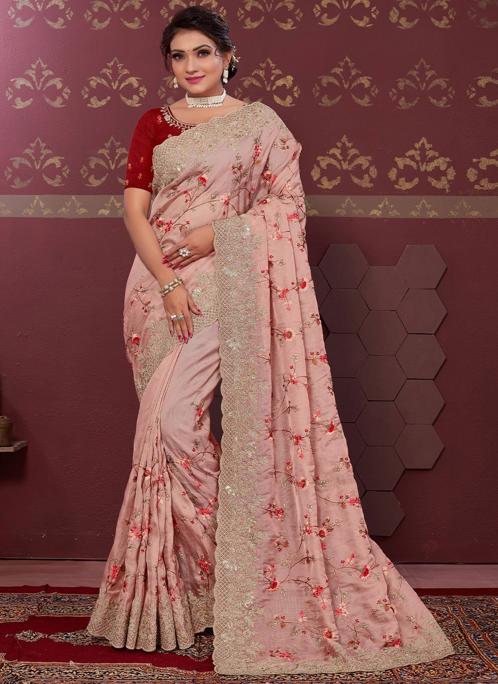 Classic Satin Silk Peach Embroidered Saree