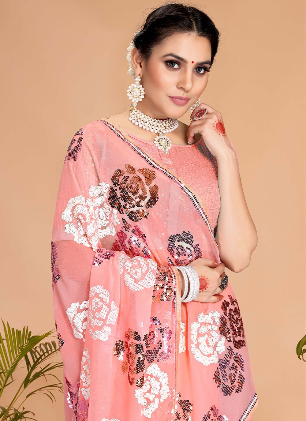 Trendy Saree Georgette Peach Embroidered Saree