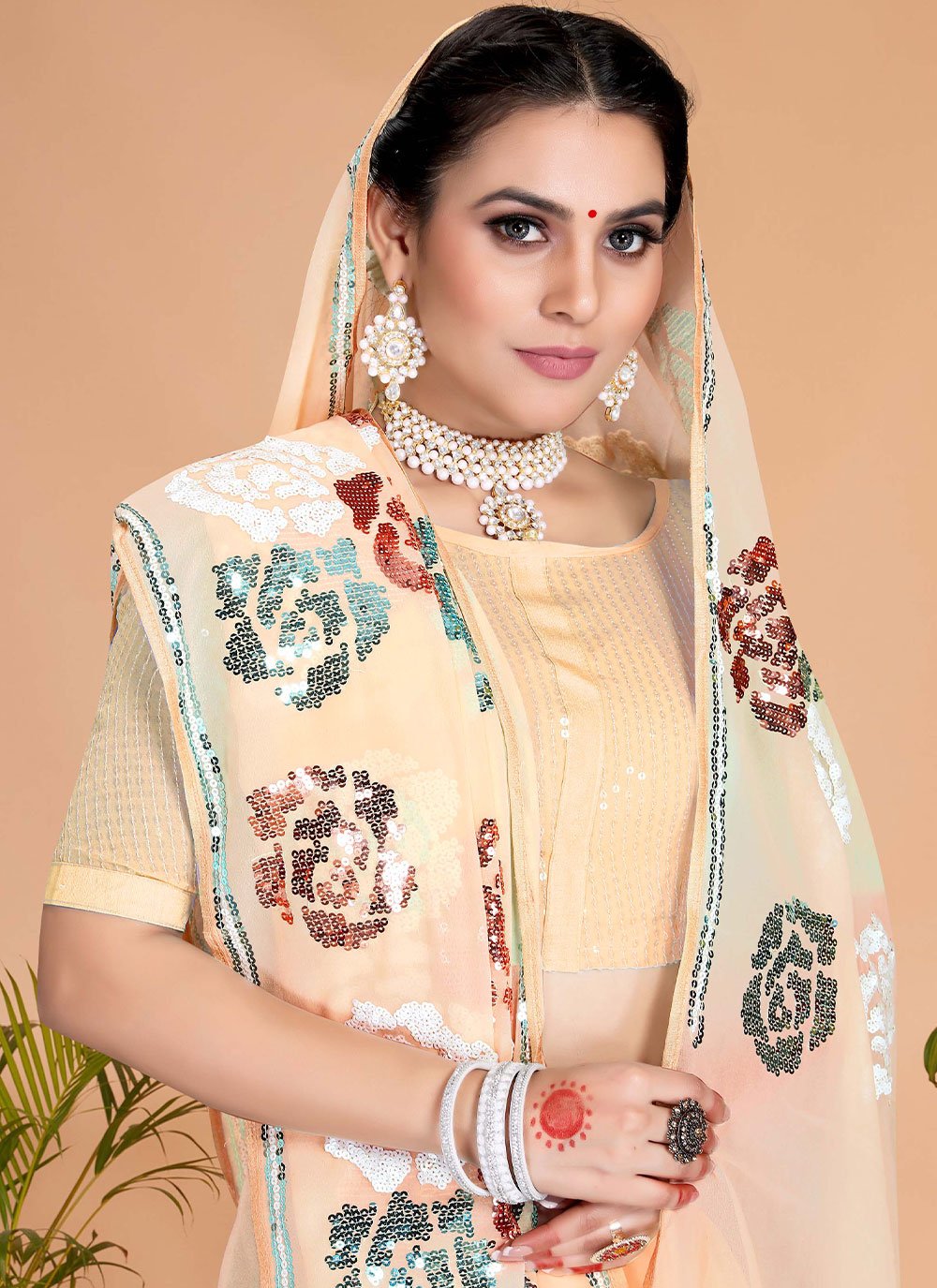 Classic Georgette Peach Embroidered Saree