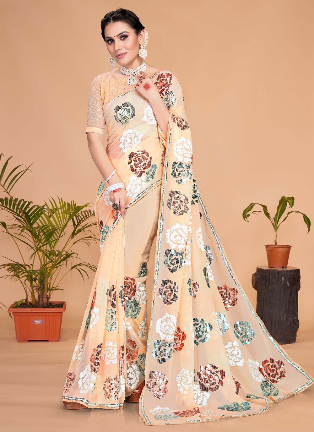 Classic Georgette Peach Embroidered Saree