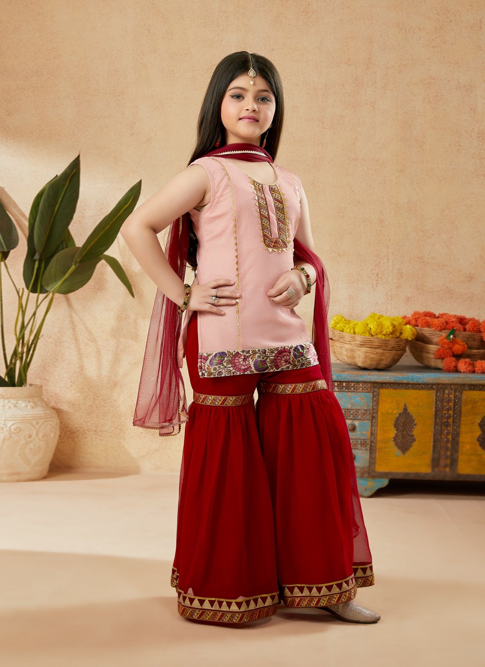 Sharara Set Net Peach Embroidered Kids