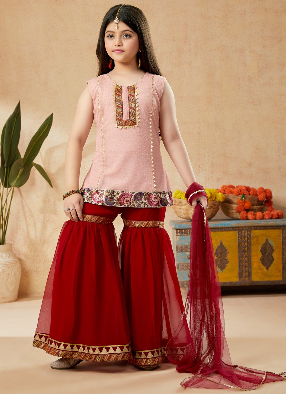 Sharara Set Net Peach Embroidered Kids