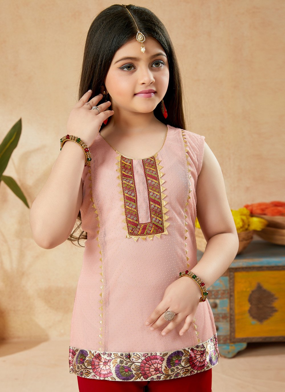 Sharara Set Net Peach Embroidered Kids