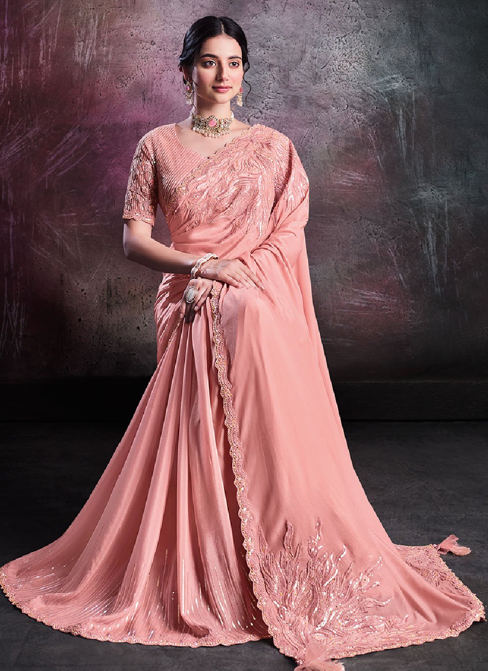 Trendy Saree Crepe Silk Shimmer Peach Embroidered Saree