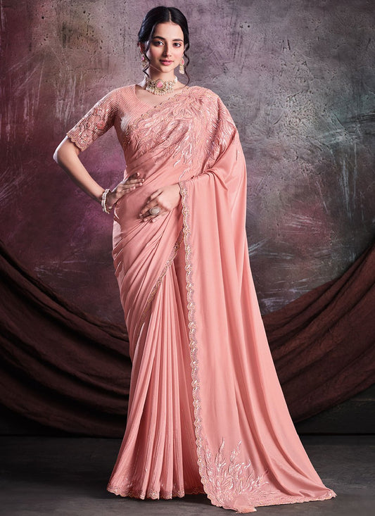 Trendy Saree Crepe Silk Shimmer Peach Embroidered Saree