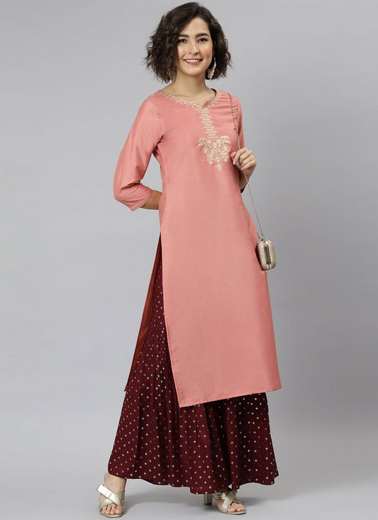 Party Wear Kurti Silk Peach Embroidered Kurtis