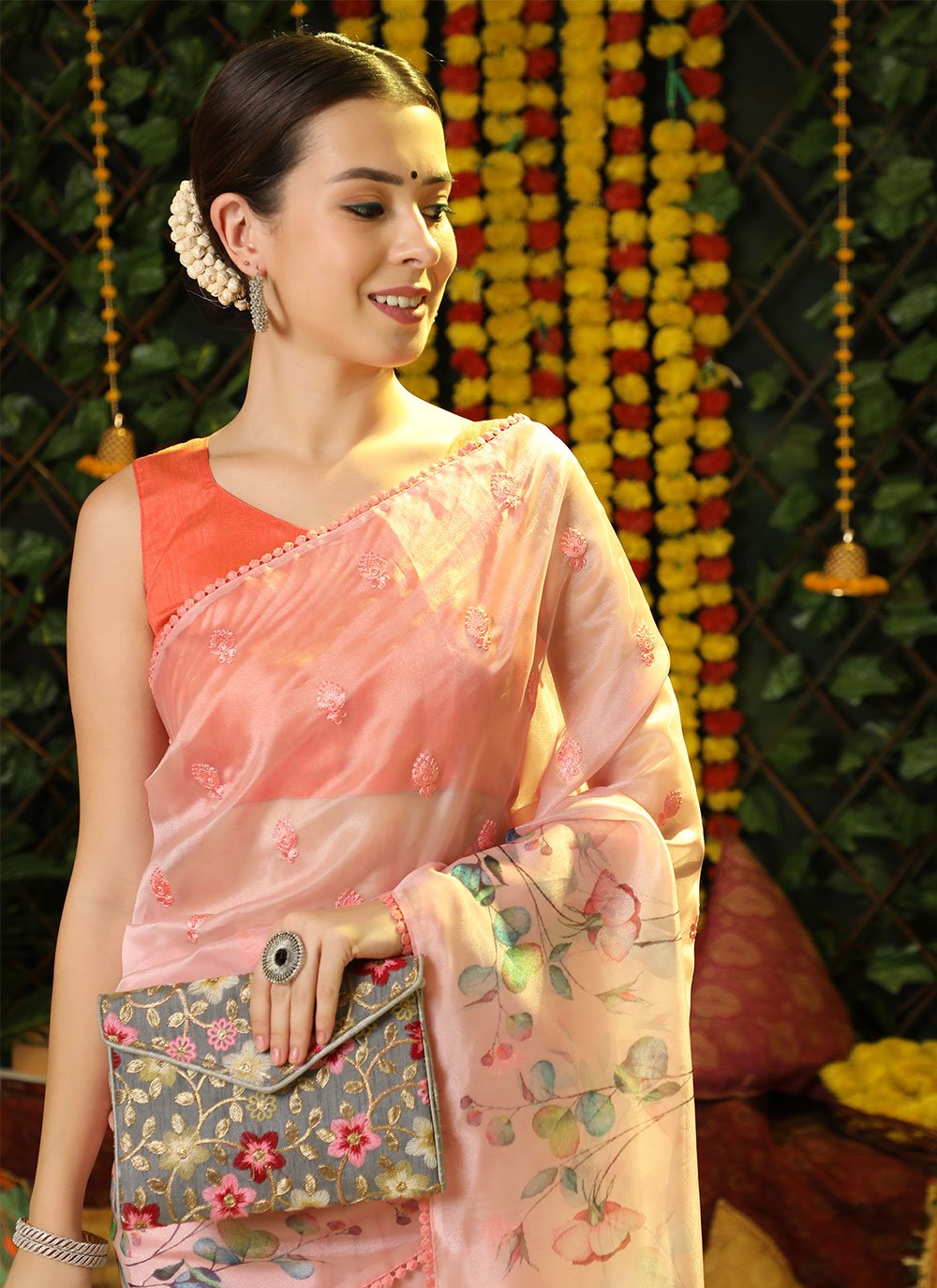 Classic Organza Silk Peach Booti Saree