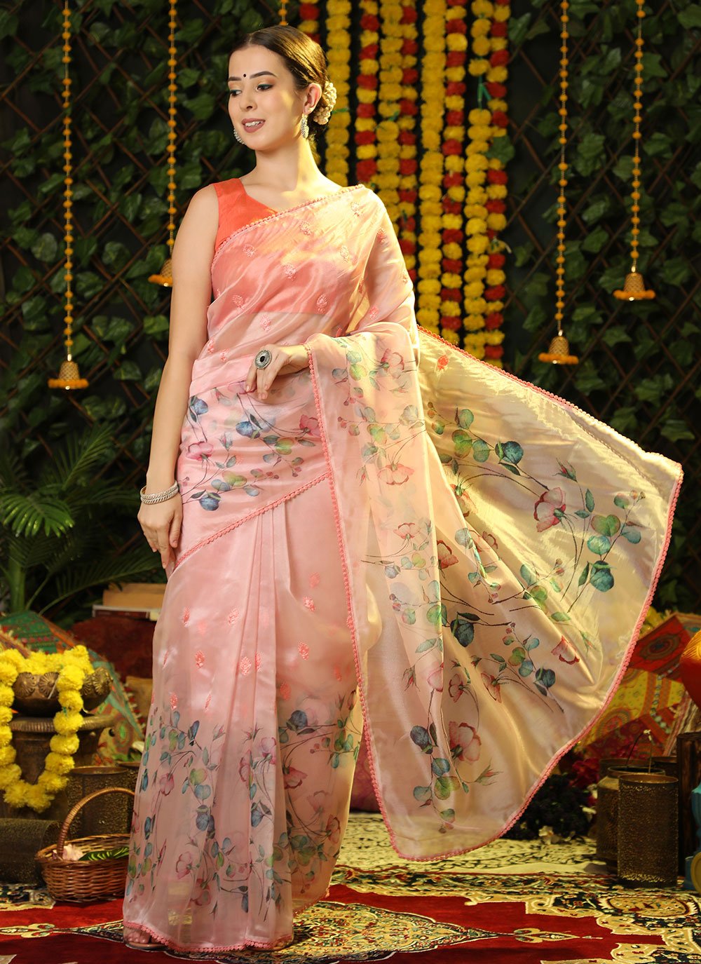 Classic Organza Silk Peach Booti Saree