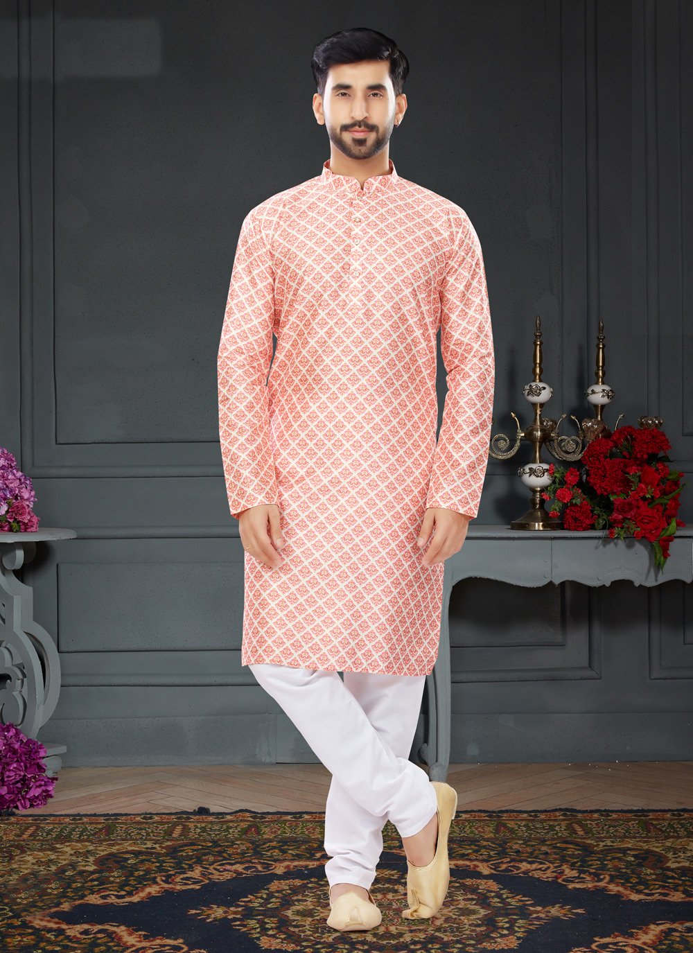 Kurta Pyjama Silk Peach Digital Print Mens