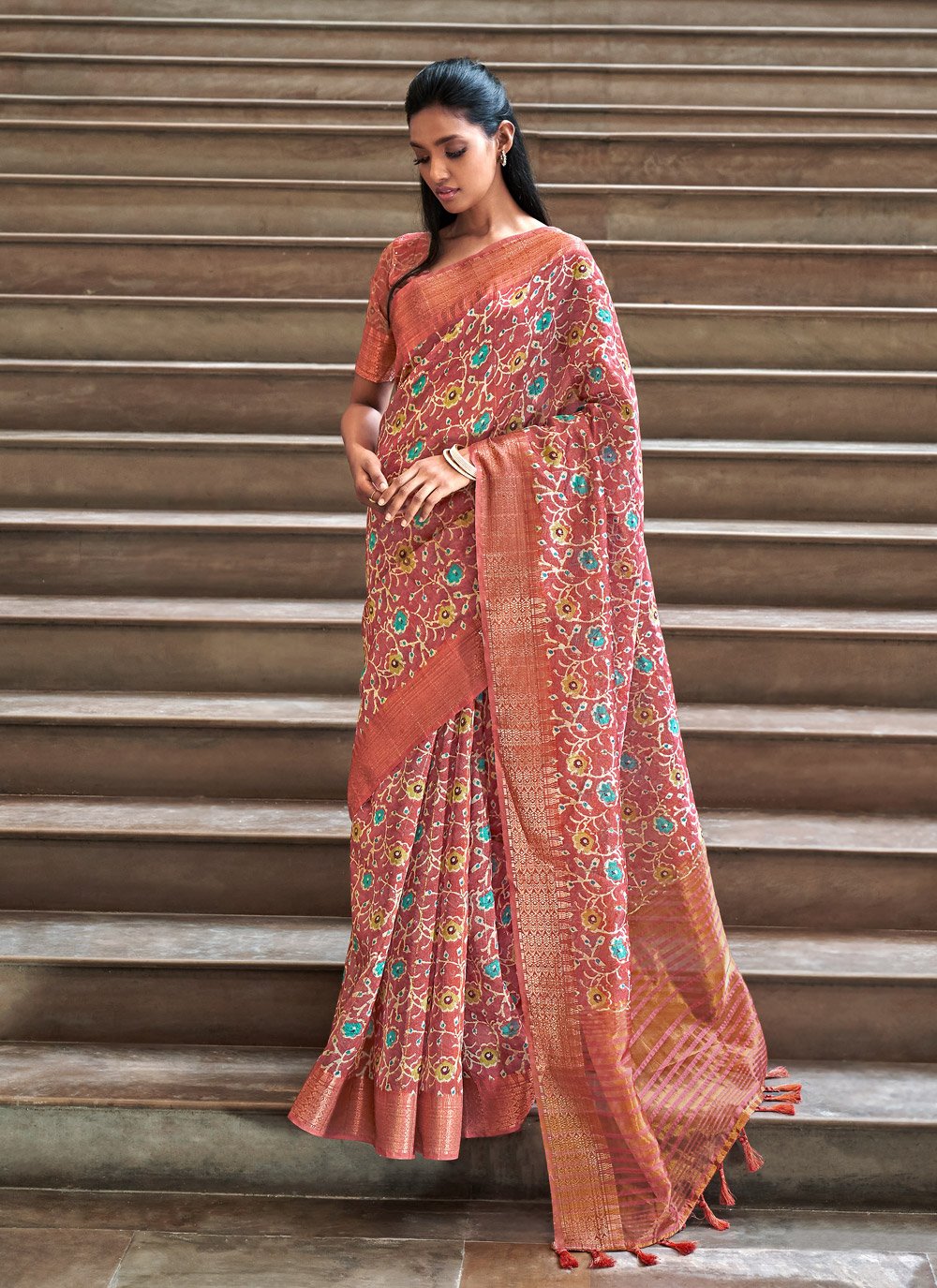 Traditional Saree Silk Peach Digital Print Saree