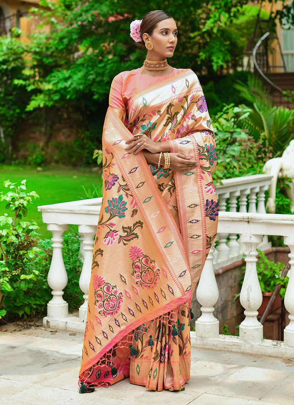 Classic Silk Peach Woven Saree