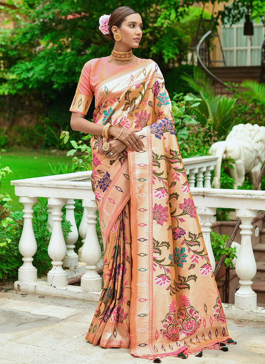 Classic Silk Peach Woven Saree