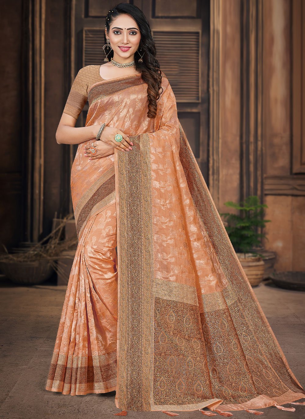 Trendy Saree Organza Silk Peach Weaving Saree